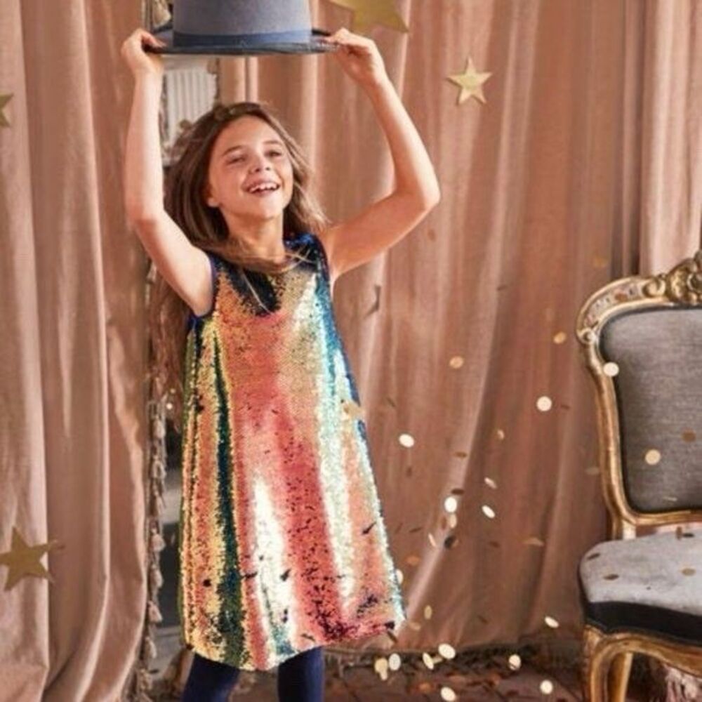 Mini Boden Rainbow Flip Super Sequin Party Dress Girls Size 7-8